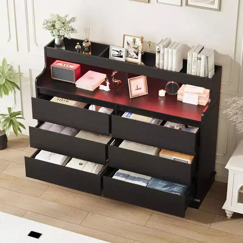 Acekool 6 Drawer Dresser with Power Station, Modern Wide Chest with Storage Shelf, Bedroom Organizer for Living Room, Hallway