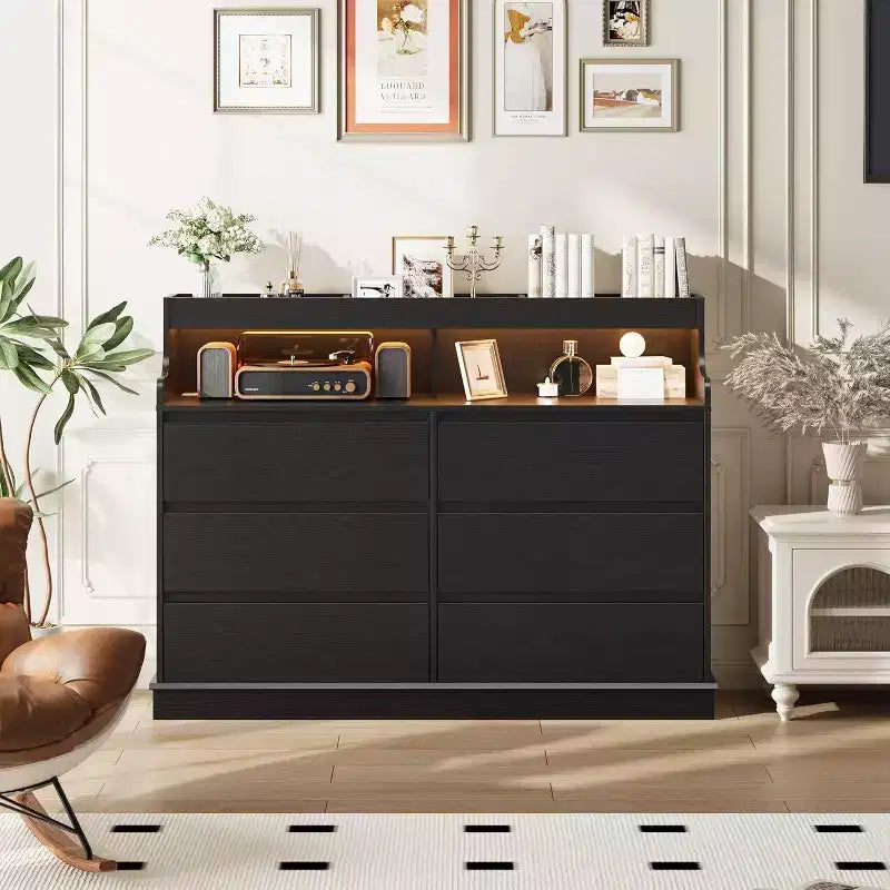 Acekool 6 Drawer Dresser with Power Station, Modern Wide Chest with Storage Shelf, Bedroom Organizer for Living Room, Hallway