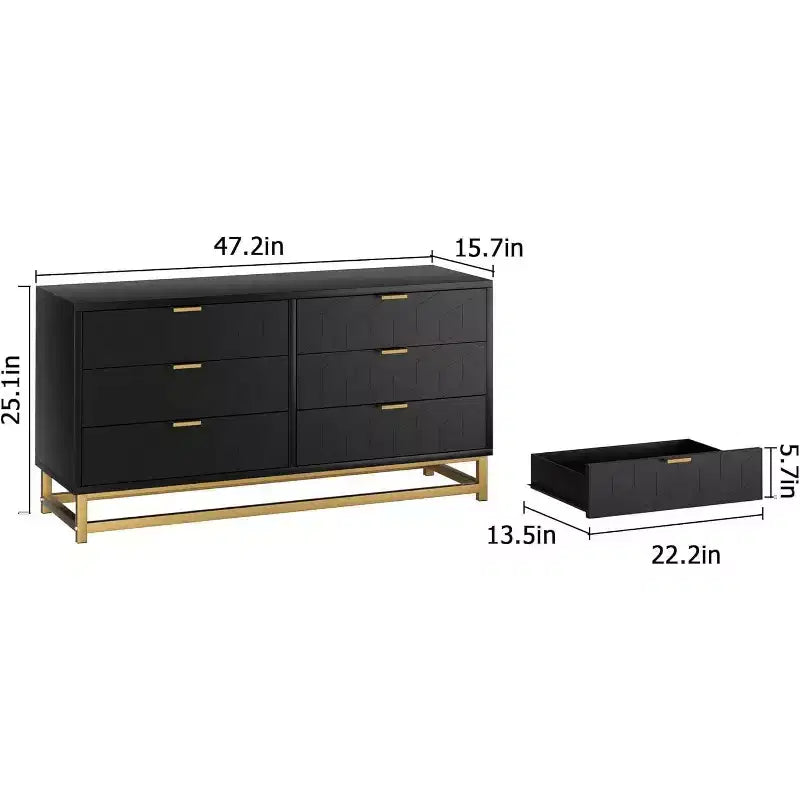Acekool 6 Drawer Dresser, Modern Geometric Chest with Gold Accents, Quran Shelf, Wide Storage for Bedroom, Living Room, Entryway