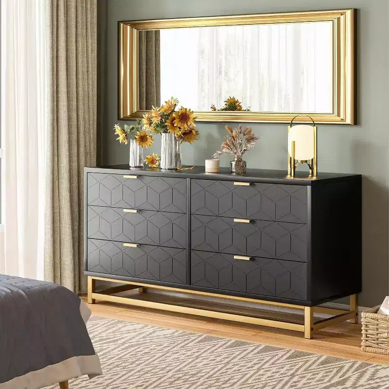 Acekool 6 Drawer Dresser, Modern Geometric Chest with Gold Accents, Quran Shelf, Wide Storage for Bedroom, Living Room, Entryway