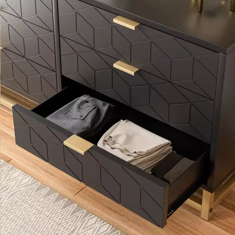 Acekool 6 Drawer Dresser, Modern Geometric Chest with Gold Accents, Quran Shelf, Wide Storage for Bedroom, Living Room, Entryway