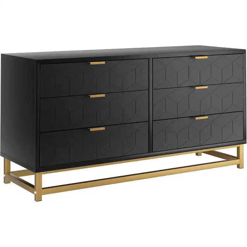 Acekool 6 Drawer Dresser, Modern Geometric Chest with Gold Accents, Quran Shelf, Wide Storage for Bedroom, Living Room, Entryway