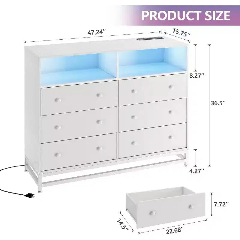 Acekool 6 Drawer Dresser with Power Outlets, Modern Chest Organizer with Storage Fence and Metal Legs, TV Stand for Bedroom, Living Room, Entryway