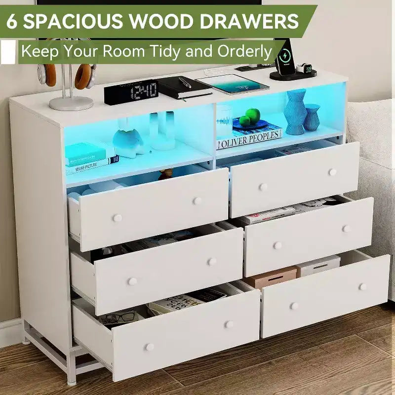 Acekool 6 Drawer Dresser with Power Outlets, Modern Chest Organizer with Storage Fence and Metal Legs, TV Stand for Bedroom, Living Room, Entryway