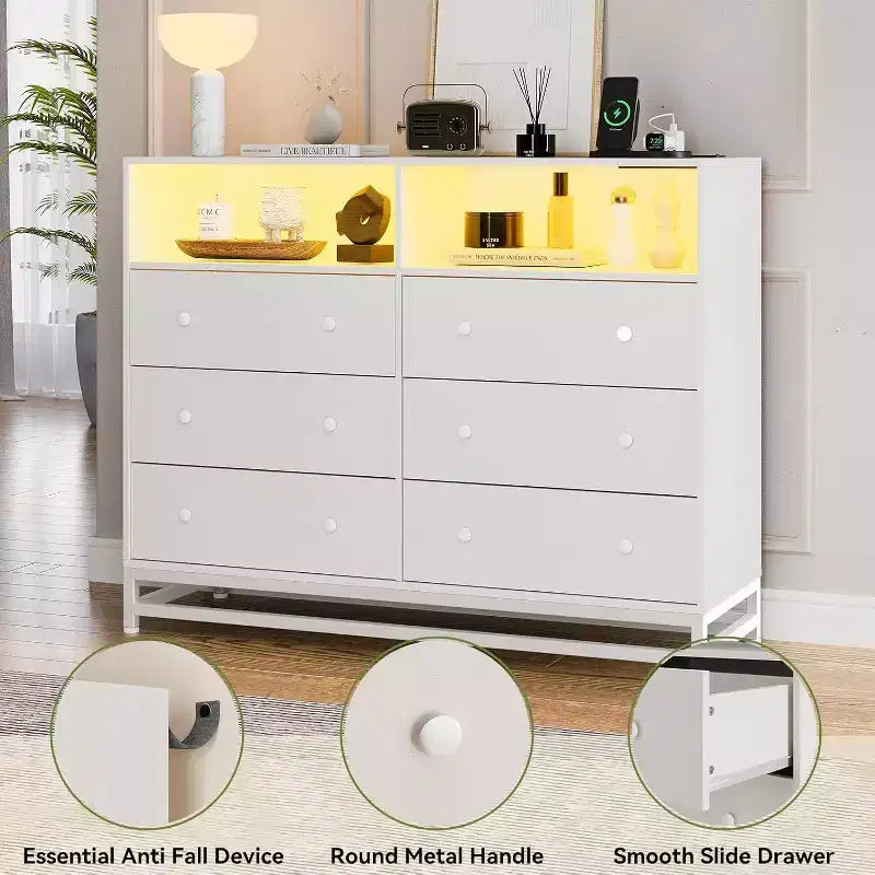 Acekool 6 Drawer Dresser with Power Outlets, Modern Chest Organizer with Storage Fence and Metal Legs, TV Stand for Bedroom, Living Room, Entryway