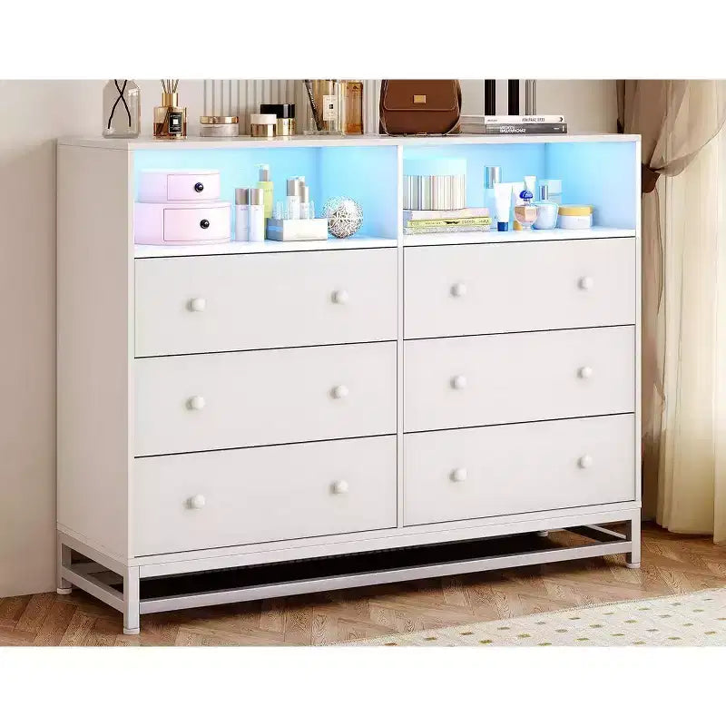 Acekool 6 Drawer Dresser with Power Outlets, Modern Chest Organizer with Storage Fence and Metal Legs, TV Stand for Bedroom, Living Room, Entryway