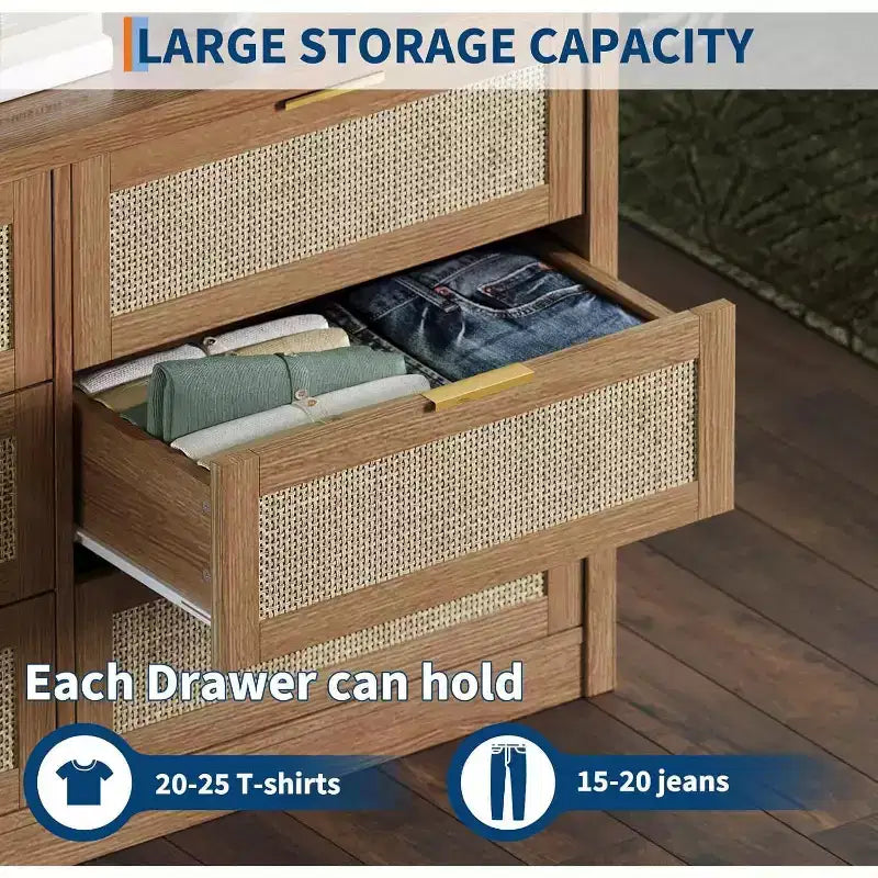 Acekool 53 Rattan Dresser, 6 Drawer Boho Chest with Metal Handles, Storage Cabinet & TV Stand for Bedroom or Living Room