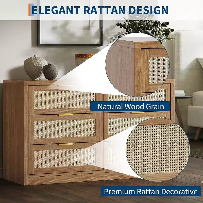 Acekool 53 Rattan Dresser, 6 Drawer Boho Chest with Metal Handles, Storage Cabinet & TV Stand for Bedroom or Living Room