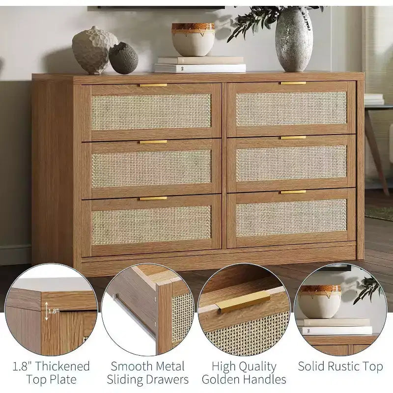 Acekool 53 Rattan Dresser, 6 Drawer Boho Chest with Metal Handles, Storage Cabinet & TV Stand for Bedroom or Living Room