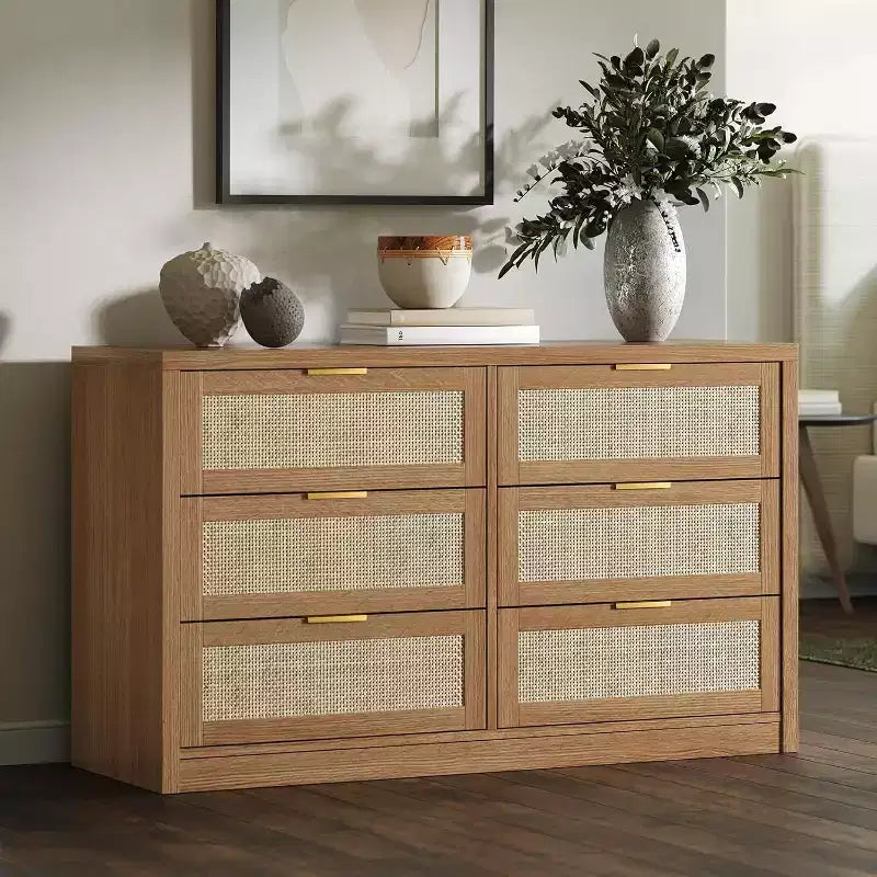 Acekool 53 Rattan Dresser, 6 Drawer Boho Chest with Metal Handles, Storage Cabinet & TV Stand for Bedroom or Living Room