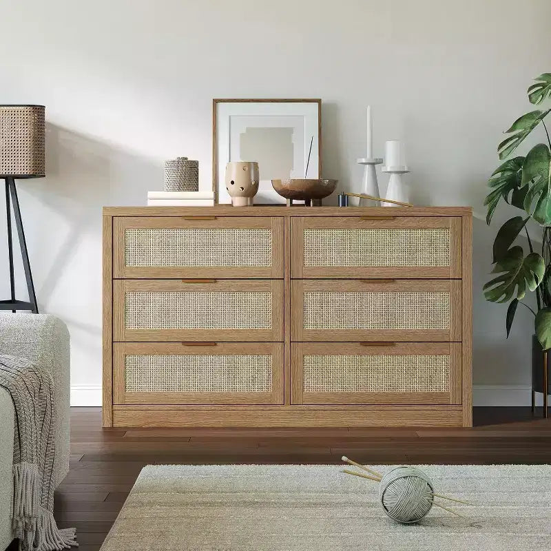 Acekool 53 Rattan Dresser, 6 Drawer Boho Chest with Metal Handles, Storage Cabinet & TV Stand for Bedroom or Living Room
