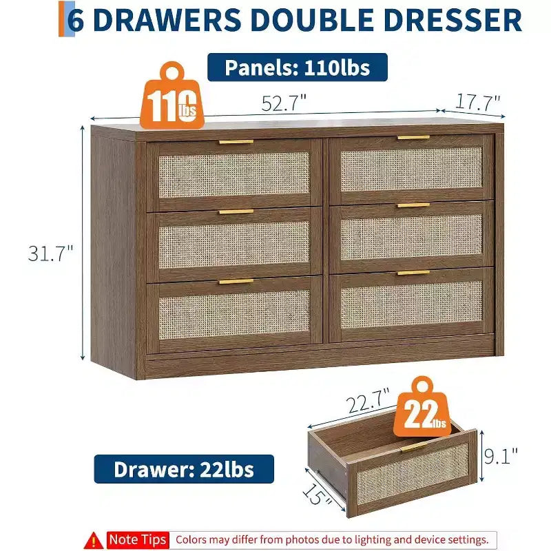Acekool 53 Rattan Dresser, 6 Drawer Boho Chest with Metal Handles, Storage Cabinet & TV Stand for Bedroom or Living Room