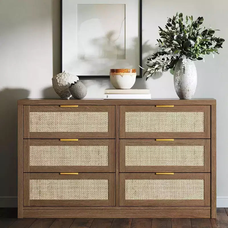 Acekool 53 Rattan Dresser, 6 Drawer Boho Chest with Metal Handles, Storage Cabinet & TV Stand for Bedroom or Living Room