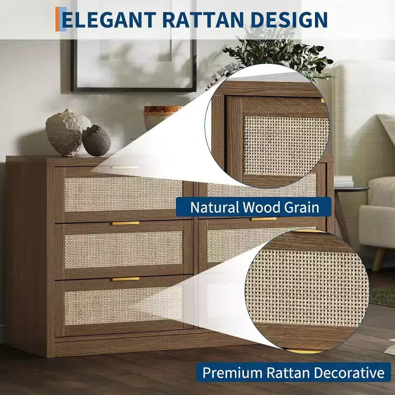 Acekool 53 Rattan Dresser, 6 Drawer Boho Chest with Metal Handles, Storage Cabinet & TV Stand for Bedroom or Living Room