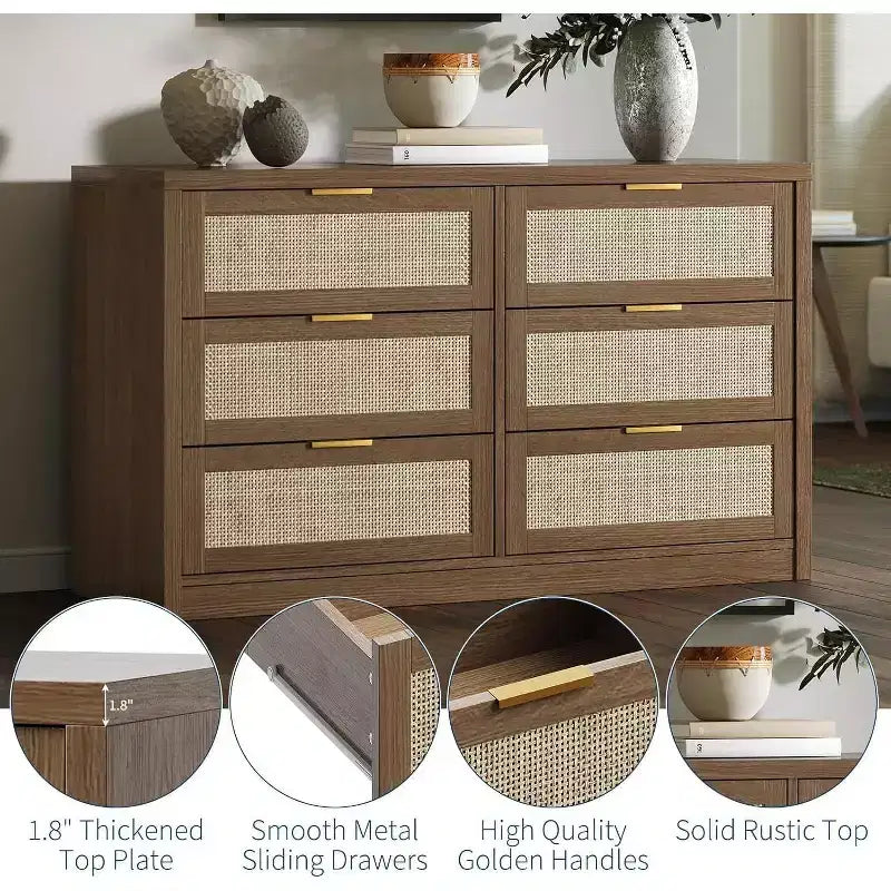 Acekool 53 Rattan Dresser, 6 Drawer Boho Chest with Metal Handles, Storage Cabinet & TV Stand for Bedroom or Living Room
