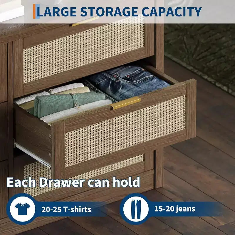 Acekool 53 Rattan Dresser, 6 Drawer Boho Chest with Metal Handles, Storage Cabinet & TV Stand for Bedroom or Living Room