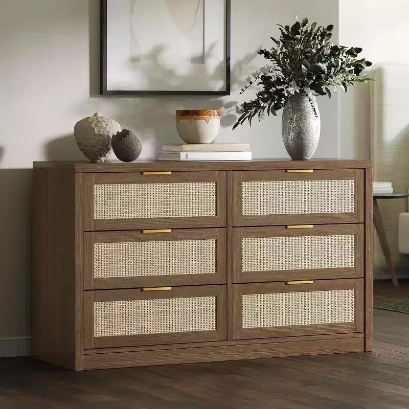 Acekool 53 Rattan Dresser, 6 Drawer Boho Chest with Metal Handles, Storage Cabinet & TV Stand for Bedroom or Living Room