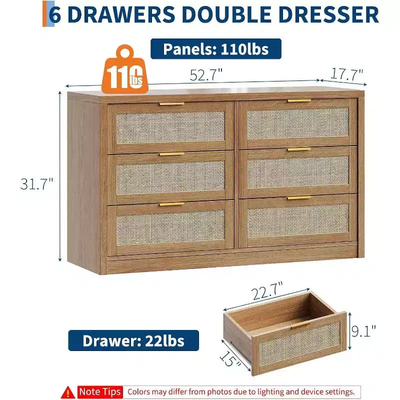 Acekool 53 Rattan Dresser, 6 Drawer Boho Chest with Metal Handles, Storage Cabinet & TV Stand for Bedroom or Living Room