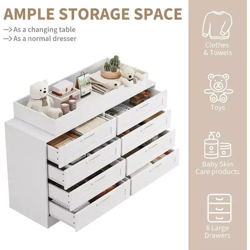 Acekool Changing Table Dresser, 8 Drawer Nursery Dresser with Removable Guardrails, Multi-Functional Baby Changing Station & Storage
