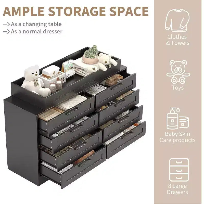 Acekool Changing Table Dresser, 8 Drawer Nursery Dresser with Removable Guardrails, Multi-Functional Baby Changing Station & Storage