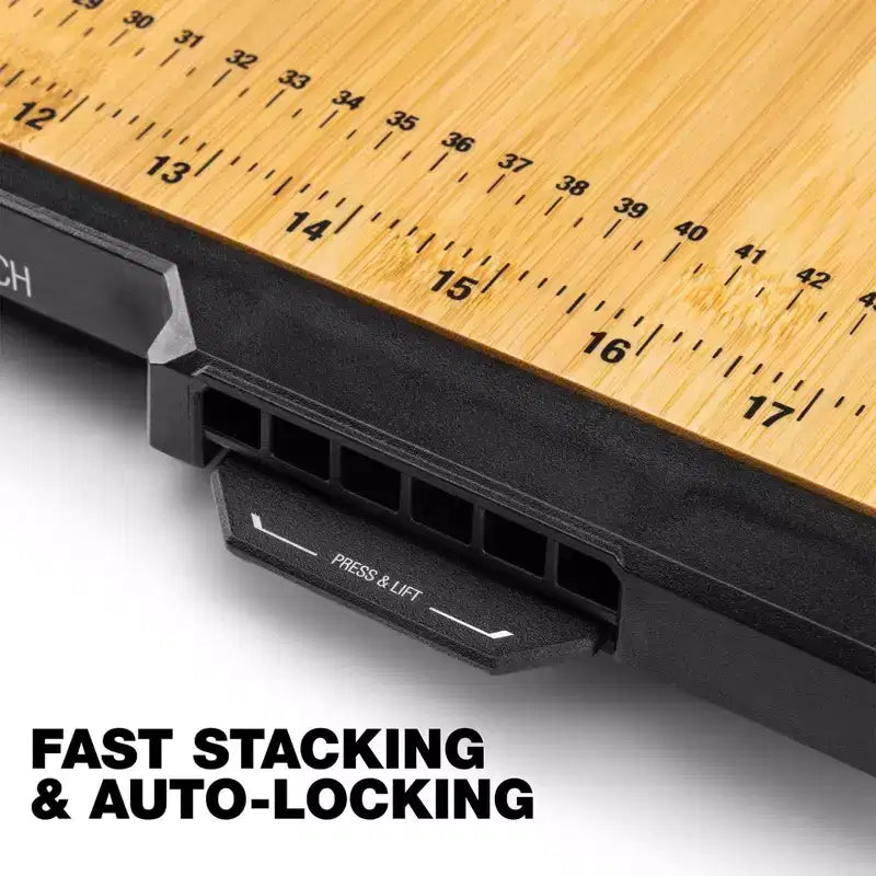 ToughBuilt StackTech Work Surface, Bamboo Wooden Flat Top Auto-Locking Station, Heavy-Duty Tool with Built-In Ruler and Storage Compartments