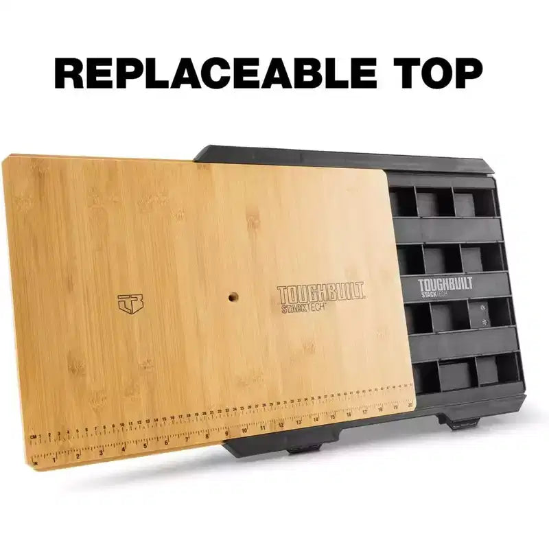 ToughBuilt StackTech Work Surface, Bamboo Wooden Flat Top Auto-Locking Station, Heavy-Duty Tool with Built-In Ruler and Storage Compartments