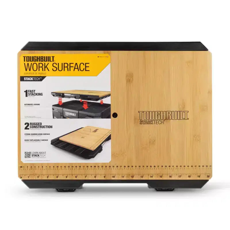 ToughBuilt StackTech Work Surface, Bamboo Wooden Flat Top Auto-Locking Station, Heavy-Duty Tool with Built-In Ruler and Storage Compartments