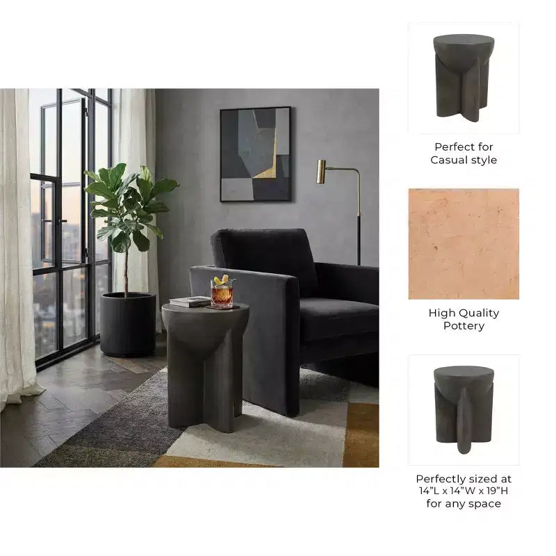 End Table, Side Table, or Small Night Stand for Home Decor - Contemporary Concrete Bedside Table with Sculpted Base for Small Spaces - 19 Gray