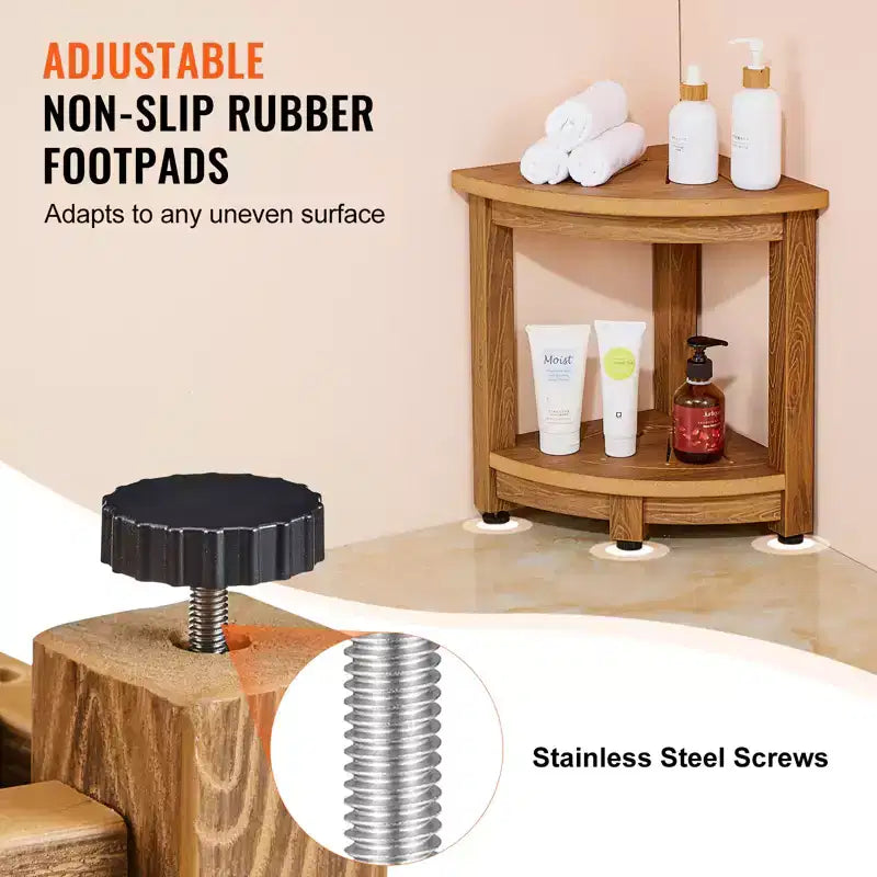 VEVOR Corner Shower Bench, 16.5 Height 12.8 Radius, Faux Wood Grain Polystyrene, 350 LBS with Storage Shelf, Water Resistant, Shower Stool, Brown