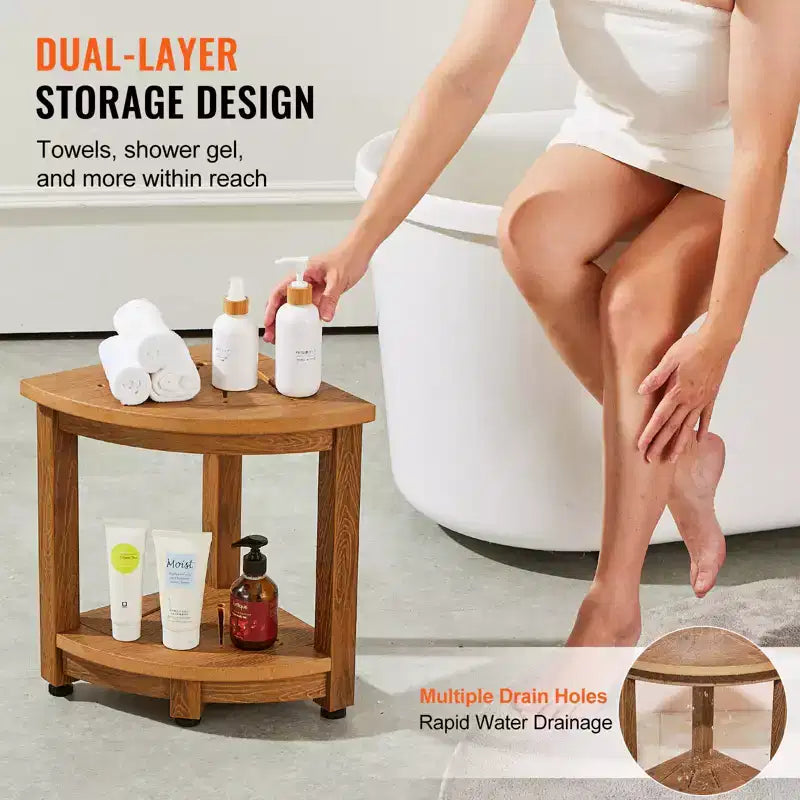VEVOR Corner Shower Bench, 16.5 Height 12.8 Radius, Faux Wood Grain Polystyrene, 350 LBS with Storage Shelf, Water Resistant, Shower Stool, Brown