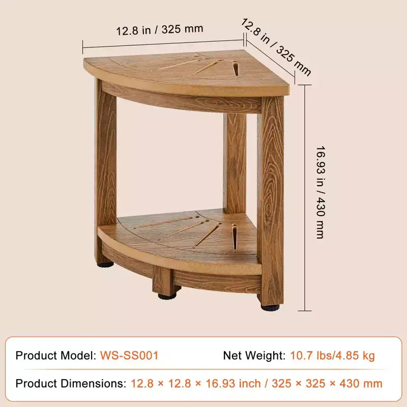 VEVOR Corner Shower Bench, 16.5 Height 12.8 Radius, Faux Wood Grain Polystyrene, 350 LBS with Storage Shelf, Water Resistant, Shower Stool, Brown