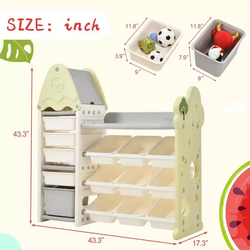 Étagère à Livres pour Enfants, Boîte de Rangement de Jouets Multifonctionnelle avec 14 Casiers pour Chambre d'Enfant, Salle de Jeux, Vert