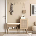 MAYEERTY 2 in 1 Shoe Storage Cabinet Natural Rattan with 2 Adjustable Shelves and Removable Seat Cushion Modern Entryway Bench for Hallway