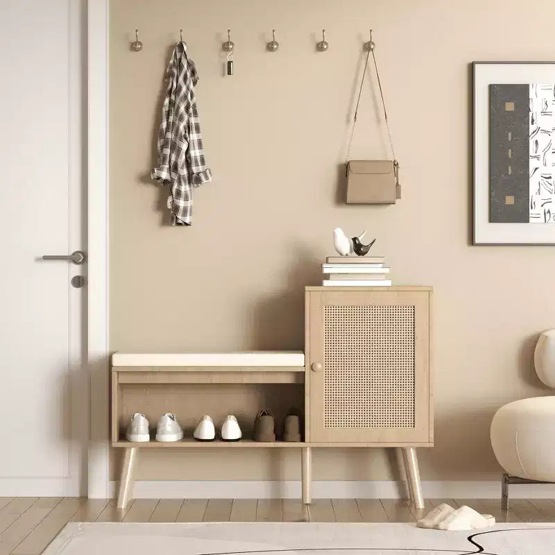 MAYEERTY 2 in 1 Shoe Storage Cabinet Natural Rattan with 2 Adjustable Shelves and Removable Seat Cushion Modern Entryway Bench for Hallway
