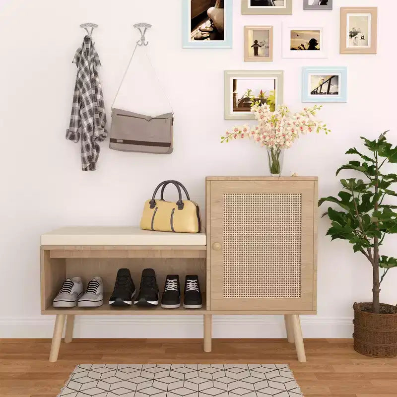 MAYEERTY 2 in 1 Shoe Storage Cabinet Natural Rattan with 2 Adjustable Shelves and Removable Seat Cushion Modern Entryway Bench for Hallway