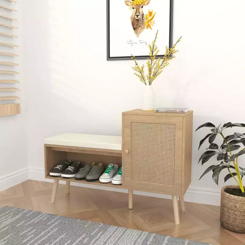 MAYEERTY 2 in 1 Shoe Storage Cabinet Natural Rattan with 2 Adjustable Shelves and Removable Seat Cushion Modern Entryway Bench for Hallway
