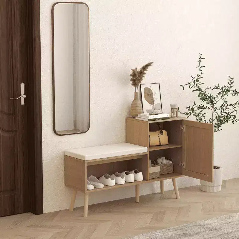 MAYEERTY 2 in 1 Shoe Storage Cabinet Natural Rattan with 2 Adjustable Shelves and Removable Seat Cushion Modern Entryway Bench for Hallway