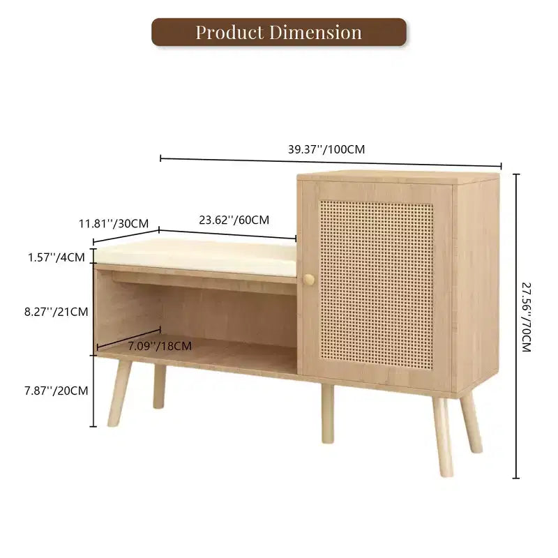 MAYEERTY 2 in 1 Shoe Storage Cabinet Natural Rattan with 2 Adjustable Shelves and Removable Seat Cushion Modern Entryway Bench for Hallway
