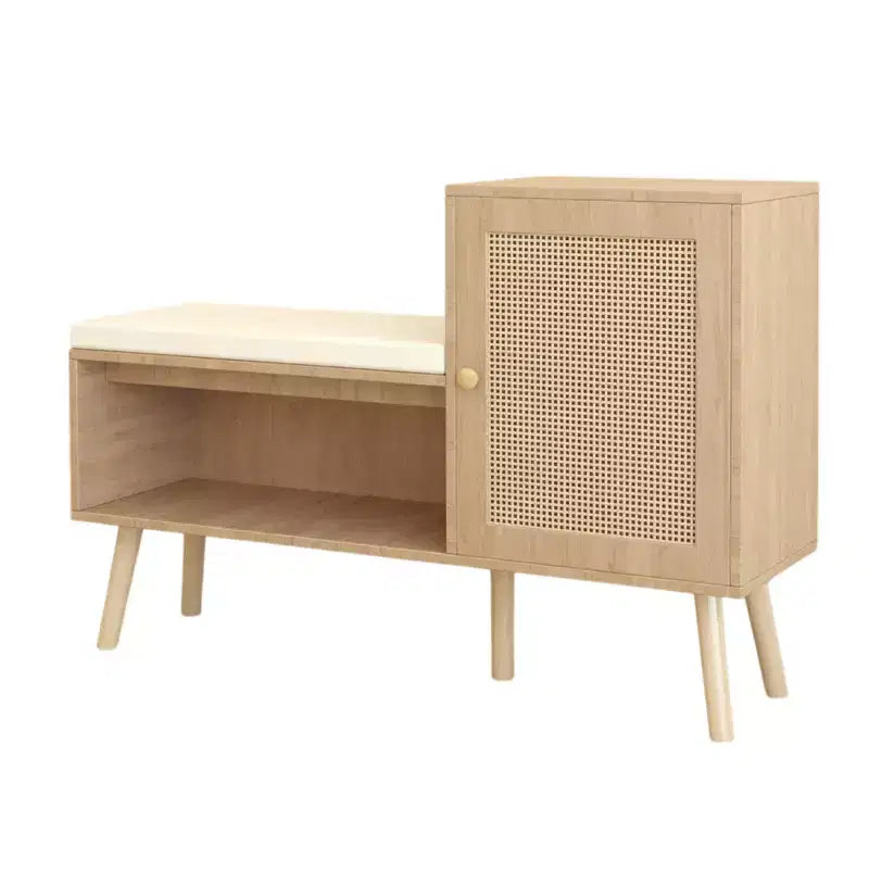 MAYEERTY 2 in 1 Shoe Storage Cabinet Natural Rattan with 2 Adjustable Shelves and Removable Seat Cushion Modern Entryway Bench for Hallway
