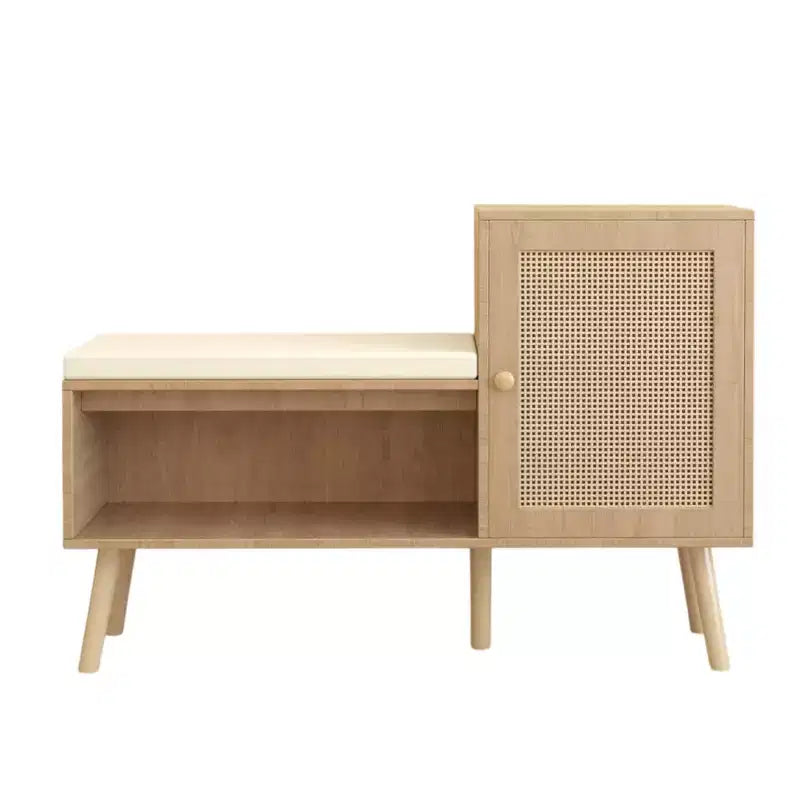 MAYEERTY 2 in 1 Shoe Storage Cabinet Natural Rattan with 2 Adjustable Shelves and Removable Seat Cushion Modern Entryway Bench for Hallway