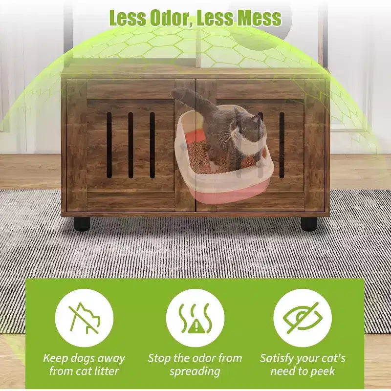 Large litter box enclosure w/ storage shelf, 60H hidden furniture, includes condo, hammock, scratching mat & play ball, retro brown