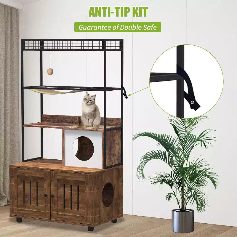 Large litter box enclosure w/ storage shelf, 60H hidden furniture, includes condo, hammock, scratching mat & play ball, retro brown