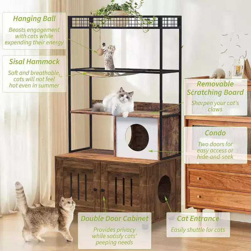 Large litter box enclosure w/ storage shelf, 60H hidden furniture, includes condo, hammock, scratching mat & play ball, retro brown