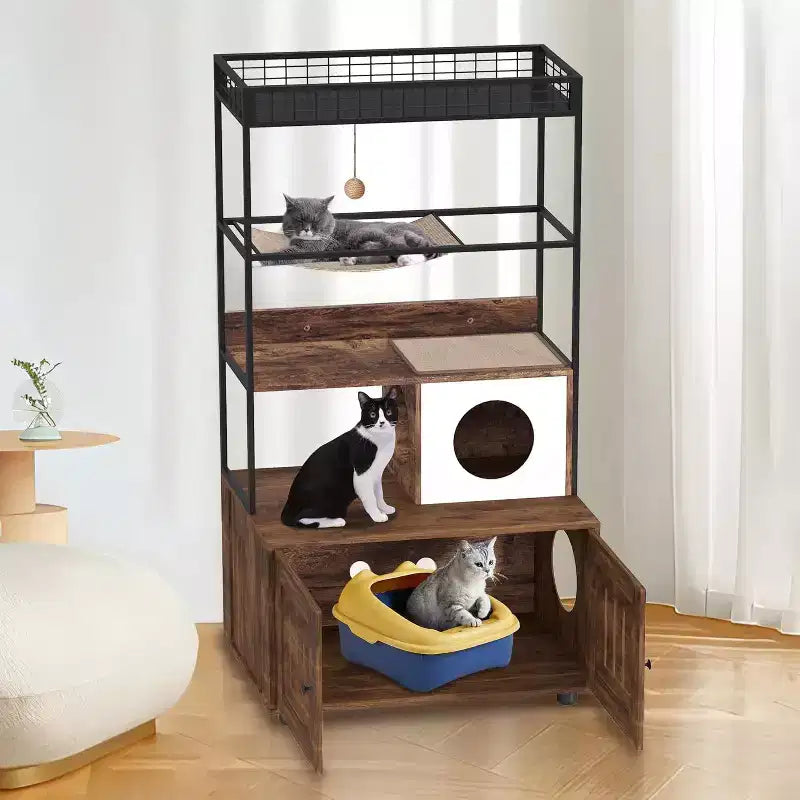 Large litter box enclosure w/ storage shelf, 60H hidden furniture, includes condo, hammock, scratching mat & play ball, retro brown