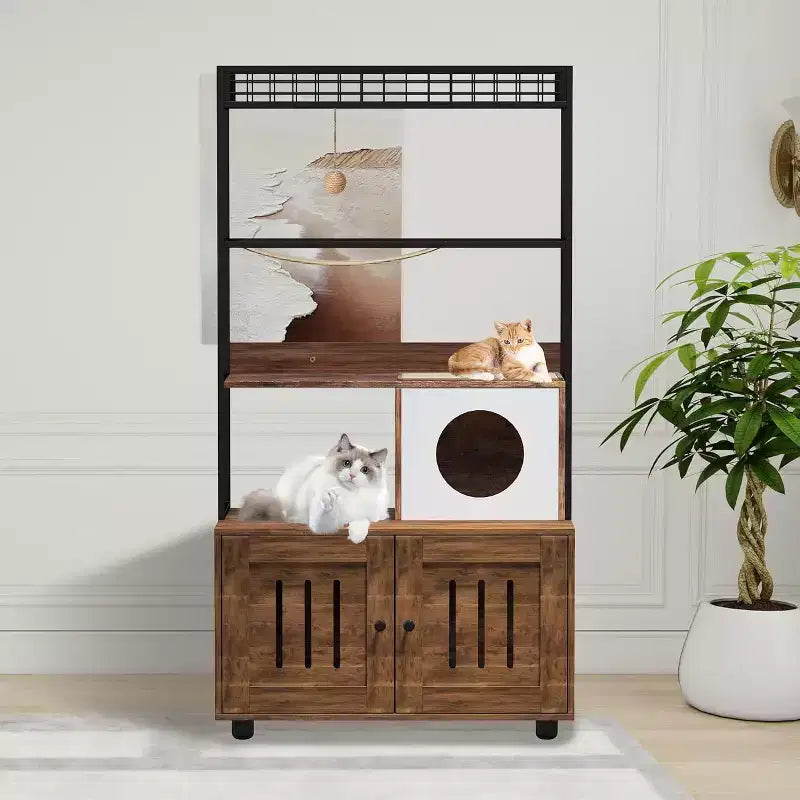 Large litter box enclosure w/ storage shelf, 60H hidden furniture, includes condo, hammock, scratching mat & play ball, retro brown
