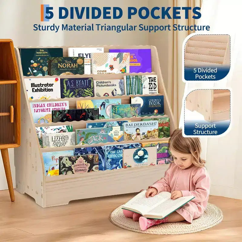 Acekool 5-Tier Kids Bookshelf, Toddler Book Display Shelves with Deep Display, Storage Organizer for Nursery, Kids Bedroom