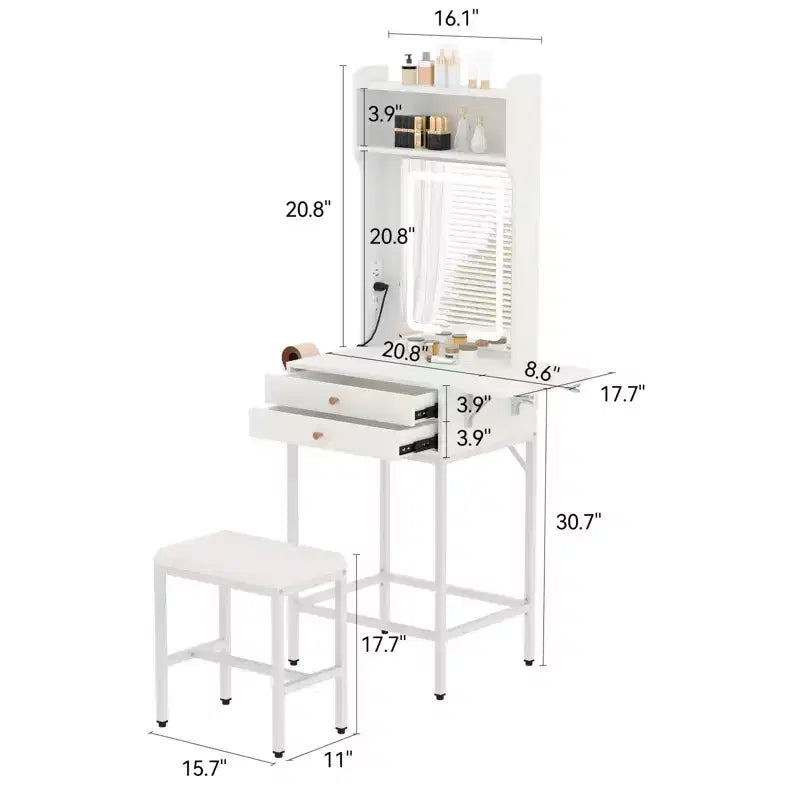 Small Makeup Vanity Desk Set with Mirror,Mini Makeup Vanity with Adjustable Lighted,2 Drawers,Hair Dryer Holder,Fold-Up Panel,Compact Makeup