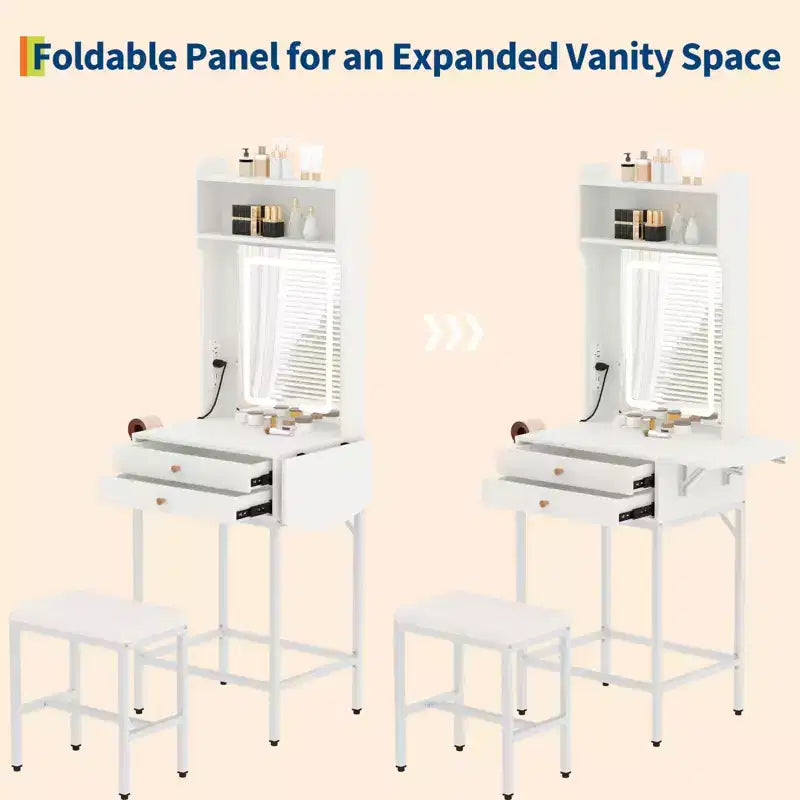Small Makeup Vanity Desk Set with Mirror,Mini Makeup Vanity with Adjustable Lighted,2 Drawers,Hair Dryer Holder,Fold-Up Panel,Compact Makeup