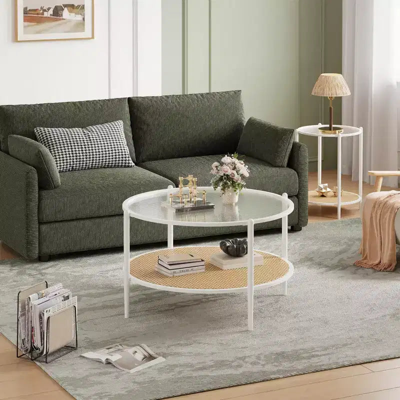 Round Coffee Table with Storage Shelf, 30 Modern Simple 2 Tier Boho Glass Top Metal Center Table, Farmhouse Circular Cocktail Tables for Living Room