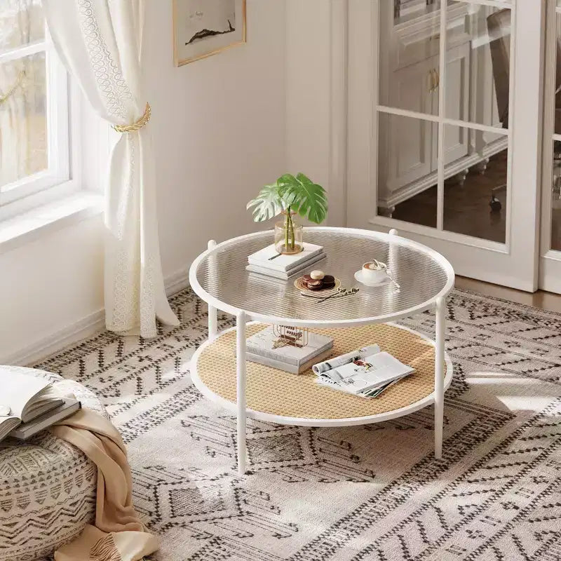 Round Coffee Table with Storage Shelf, 30 Modern Simple 2 Tier Boho Glass Top Metal Center Table, Farmhouse Circular Cocktail Tables for Living Room